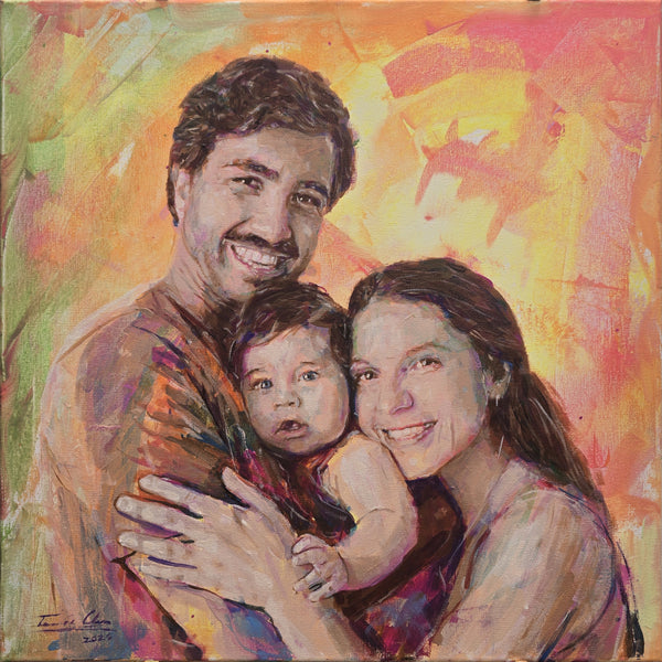 100% Handpainted Portrait Painting, entitled Family of three-24, 50x50 cm, Acrylic on Canvas, 2026, in Pop Realism Style