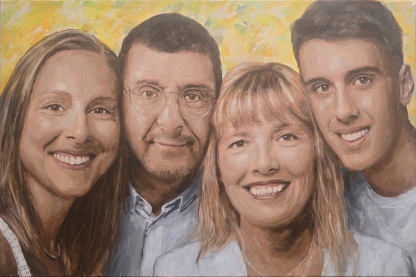 100% Handpainted Portrait Painting, entitled Family of four-32, 90x60 cm, Acrylic on Canvas, 2026, in Classic Style